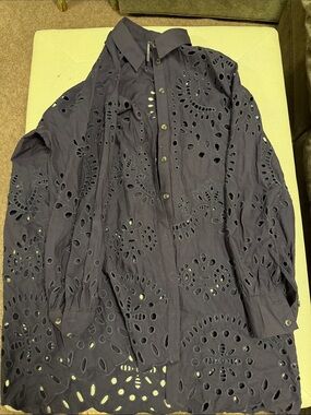 Embroidered Eyelet Button-Up Cover Up in Deep Navy